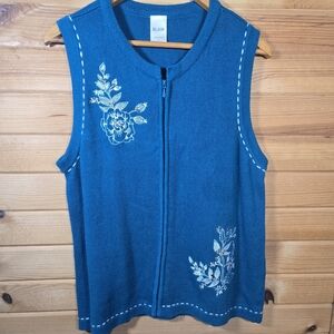 Blair Sweater Vest Embroidered Floral Sequins Blue Womens Large Cottage Grandma